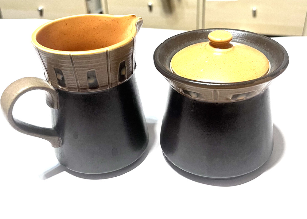 Vintage KASUGA Stoneware Sugar Bowl & Creamer Set Handcrafted in JAPAN
